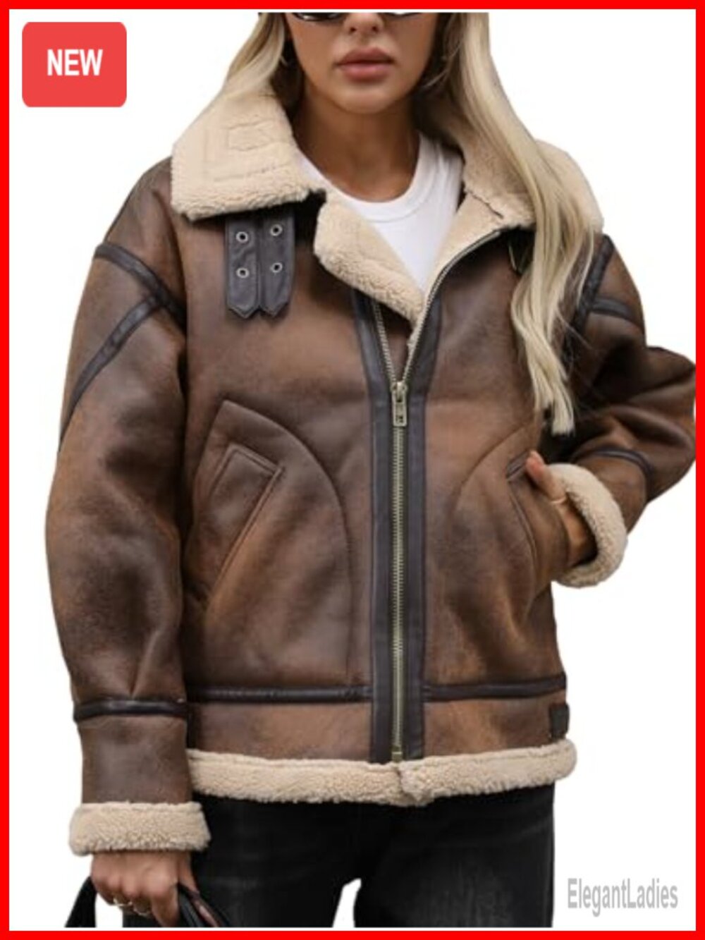 Faux Leather Aviator Bomber Jacket Sherpa Lined Warm Winter Coat